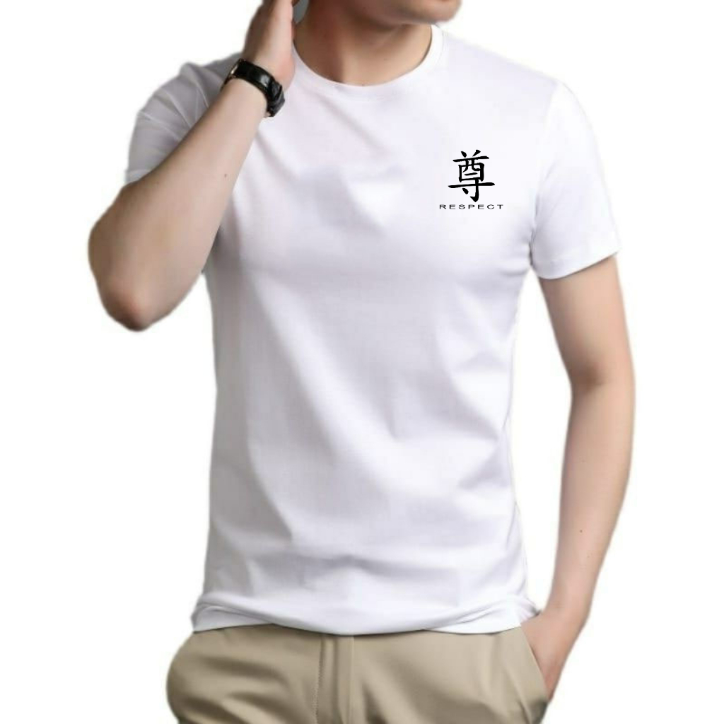 Baju Kaos Pria Keren RESPECT Tulisan Jepang Putih - Kaos Pria Lengan Pendek - Kaos Pria Simple Katun