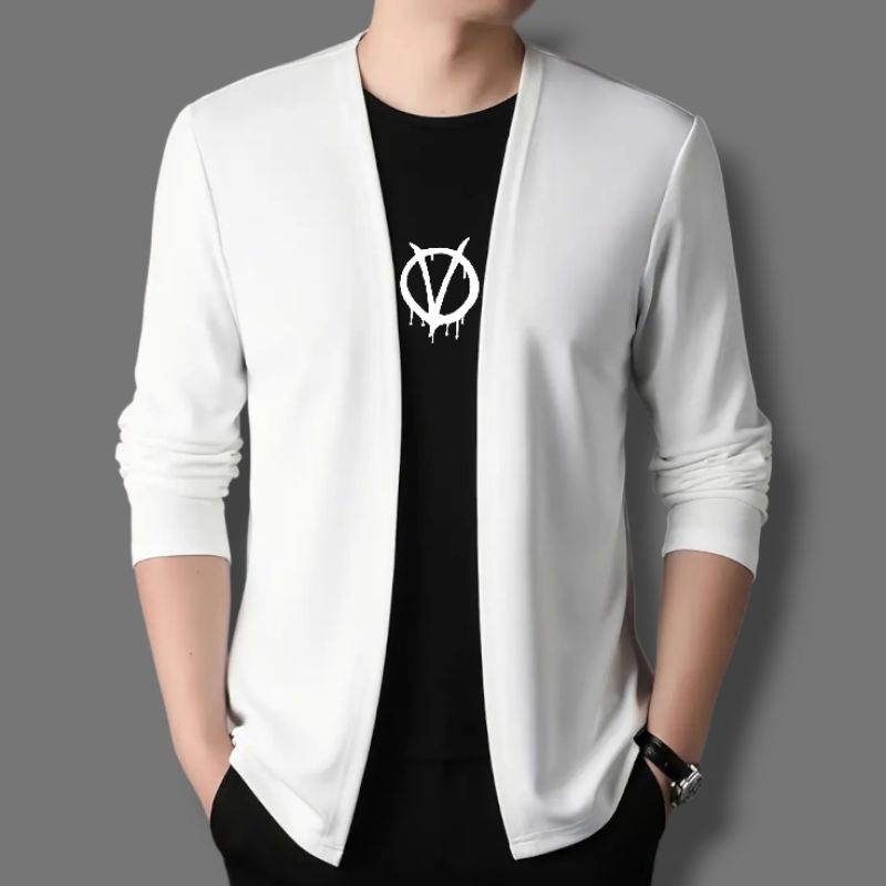 Kaos Lengan Panjang Cardigan V-neck Atasan Rajut Pria Jahitan Mode Dua Badan Aktif Cowok Pullover  P