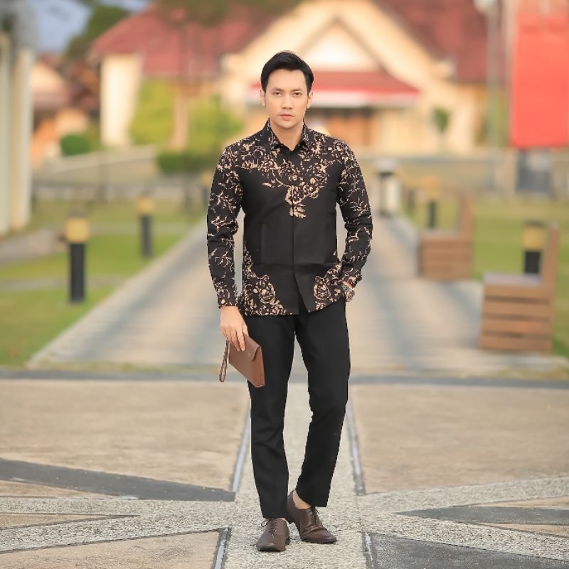 motif akar hitam Kemeja batik pria lengan panjang berlapis furing dalam kancing executive