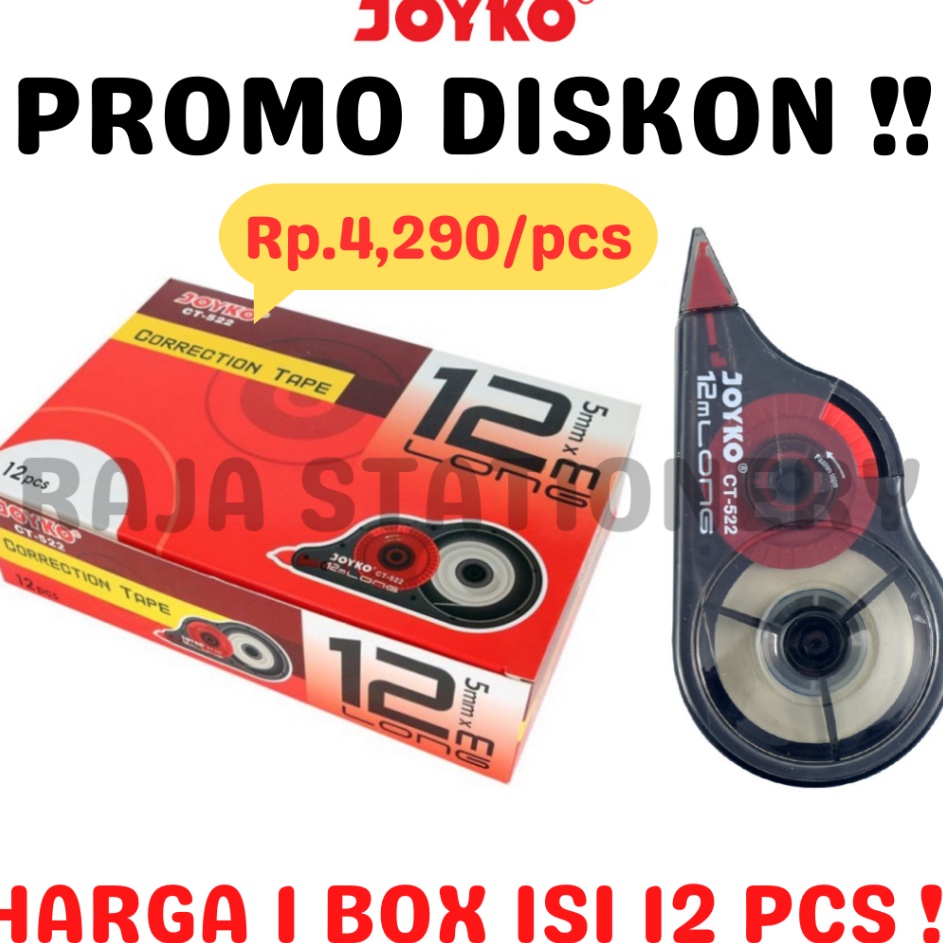 

Extra promo JOYKO CORRECTION TAPE 12M CT522 TIPEX KERTAS JOYKO TIPX TIP X CT522 1 BOX 12PCS