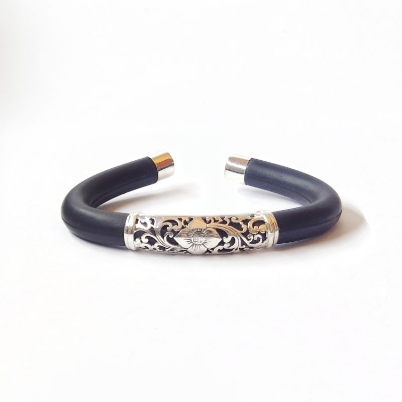 Gelang Brecelet Cuff  Kulit Anyam Leather Bunga Kepang Perak Silver Bali Asli 925 Pria Wanita Hitam