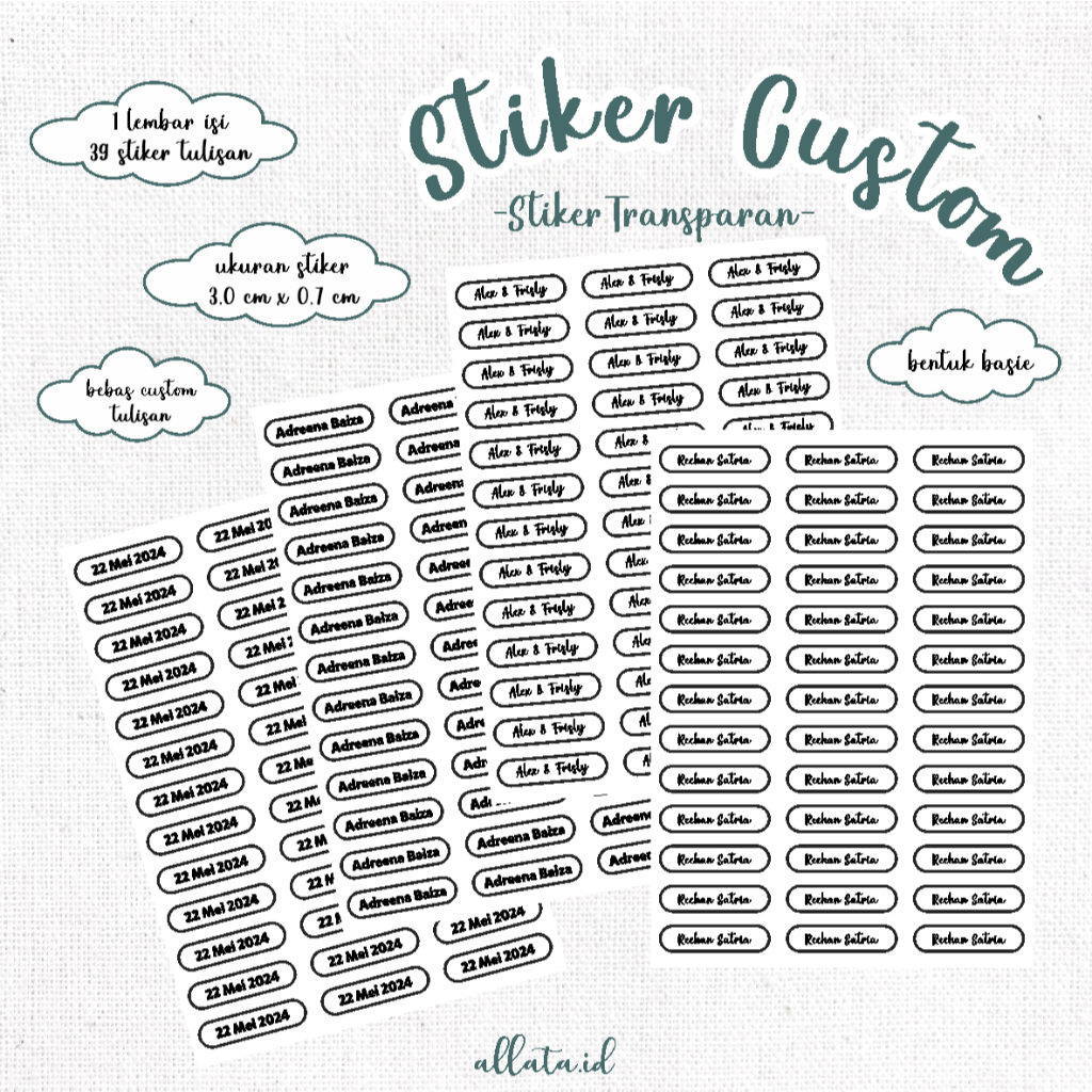 

[78pcs] Stiker Transparan Custom Nama Tulisan | Sticker Label Custom Nama Anak | Stiker Transparan Bentuk Basic
