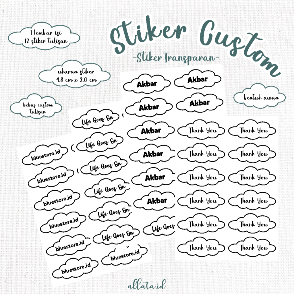 

[24pcs] Stiker Transparan Custom Nama Tulisan | Sticker Transparan Bentuk Awan Custom Nama Anak