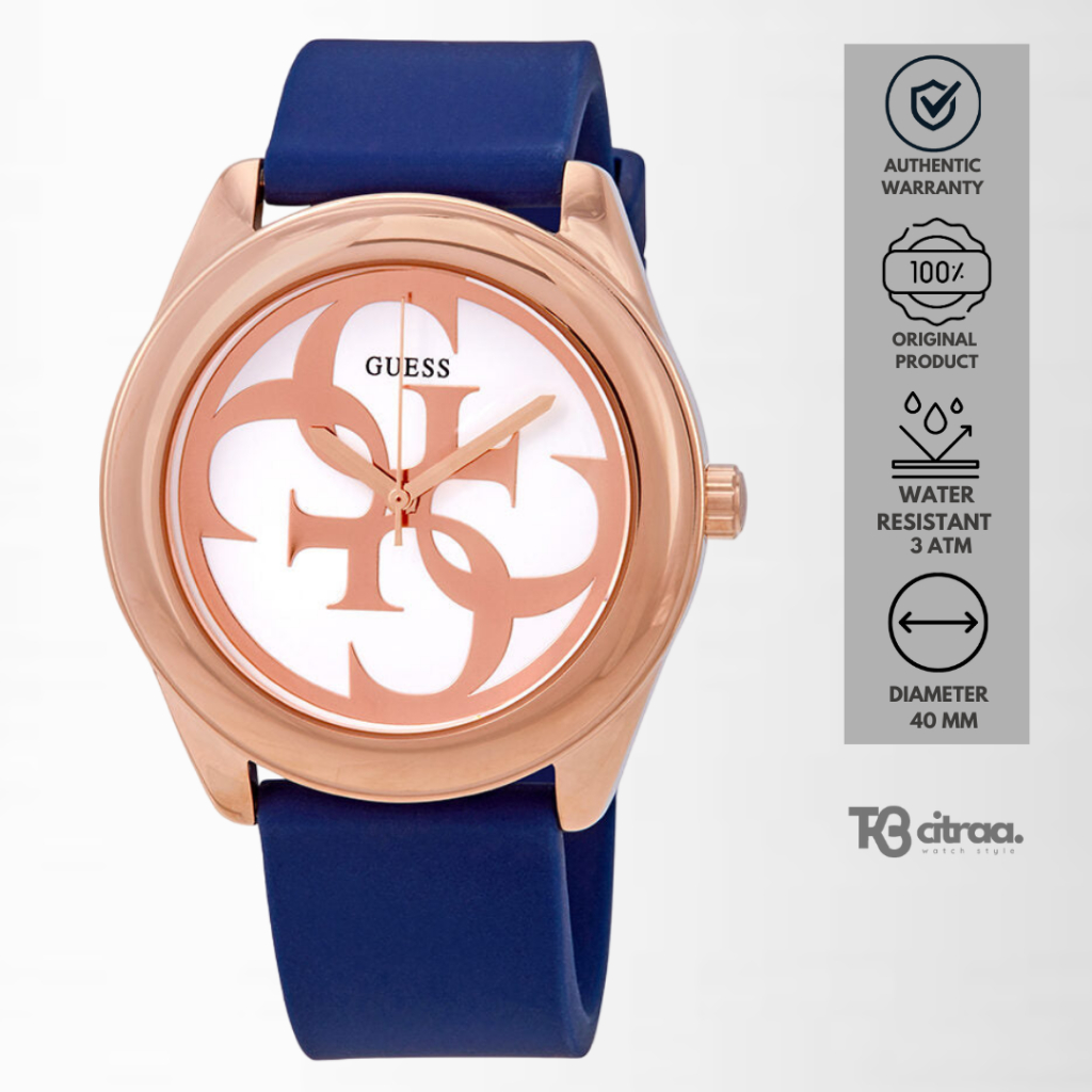 jam tangan fashion wanita guess analog strap rubber silicone G Twist Blue Rose Gold water resistant 