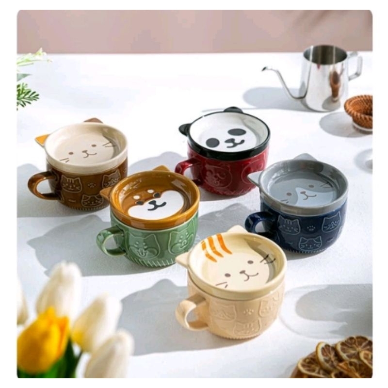 Gelas keramik unik satu set gelas dan tutup original