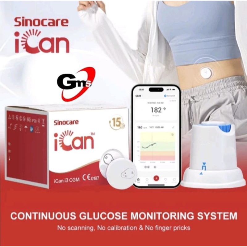 Sinocare iCan CGM Alat Cek Gula Darah Chip Pasang Di Badan Tanpa Jarum 15 Hari Berkelanjutan Non Sto