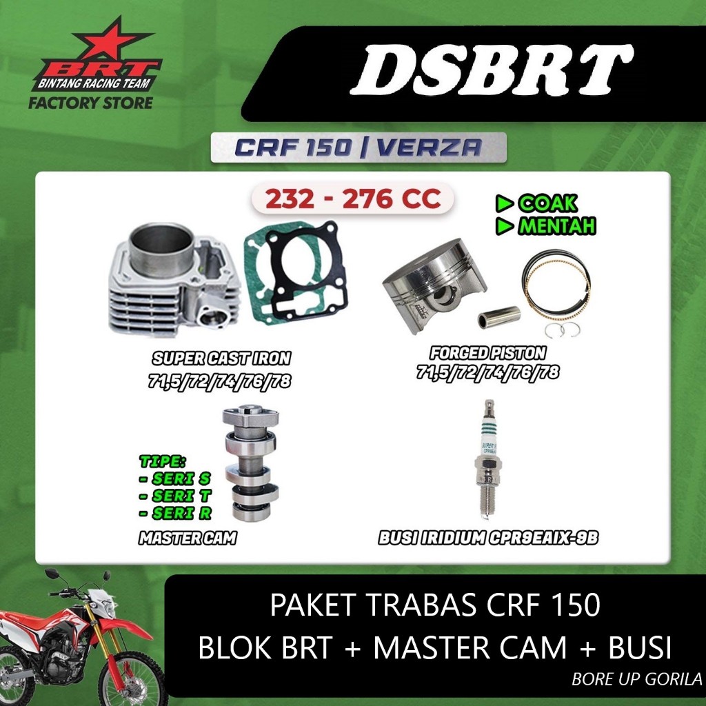 PAKET BORE UP Blok BRT + Master Cam CRF 150 Gorilla BORE UP 71 72 74 76 78 MM 230 250 270 280cc