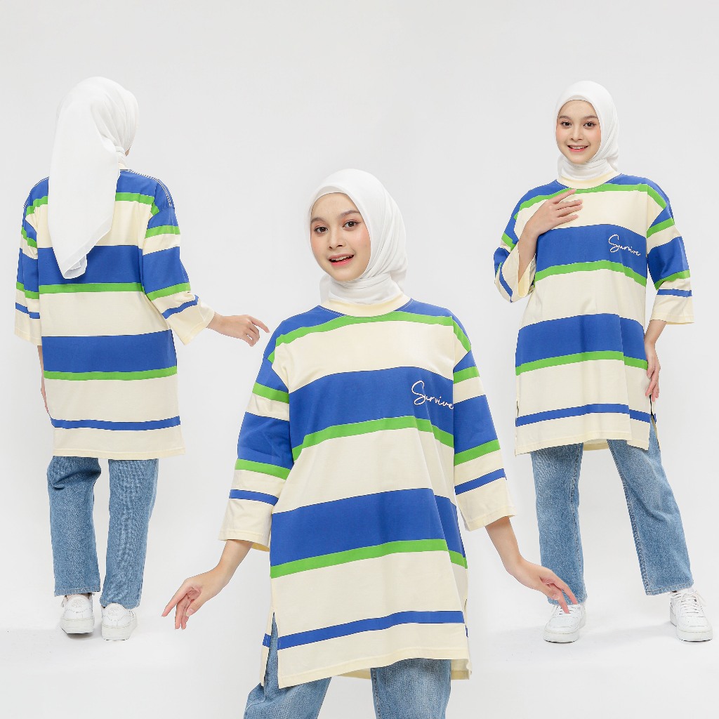 SURVIVE Kaos oversize wanita Stripes