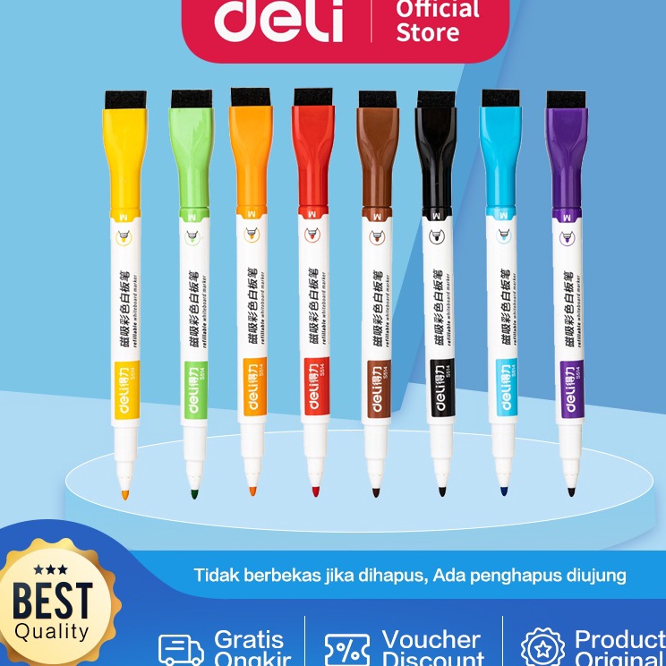 

Deli Color Whiteboard Marker Spidol Papan Tulis 8 warna Ujung Penghapus S514
