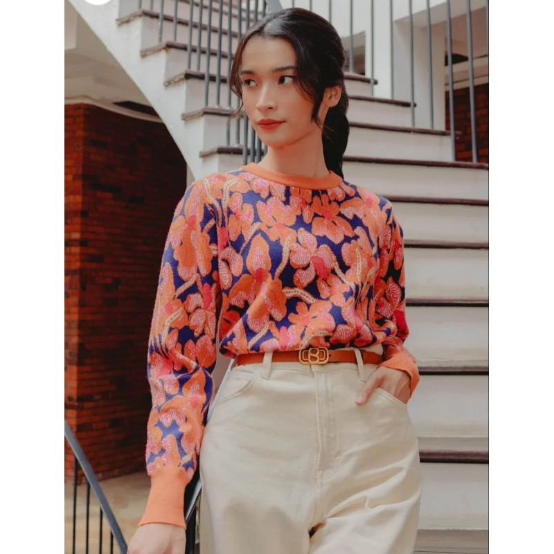 BENANG JARUM TROPICOLORS PUFF SLEEVE SWEATER ORANGE SIZE S, M