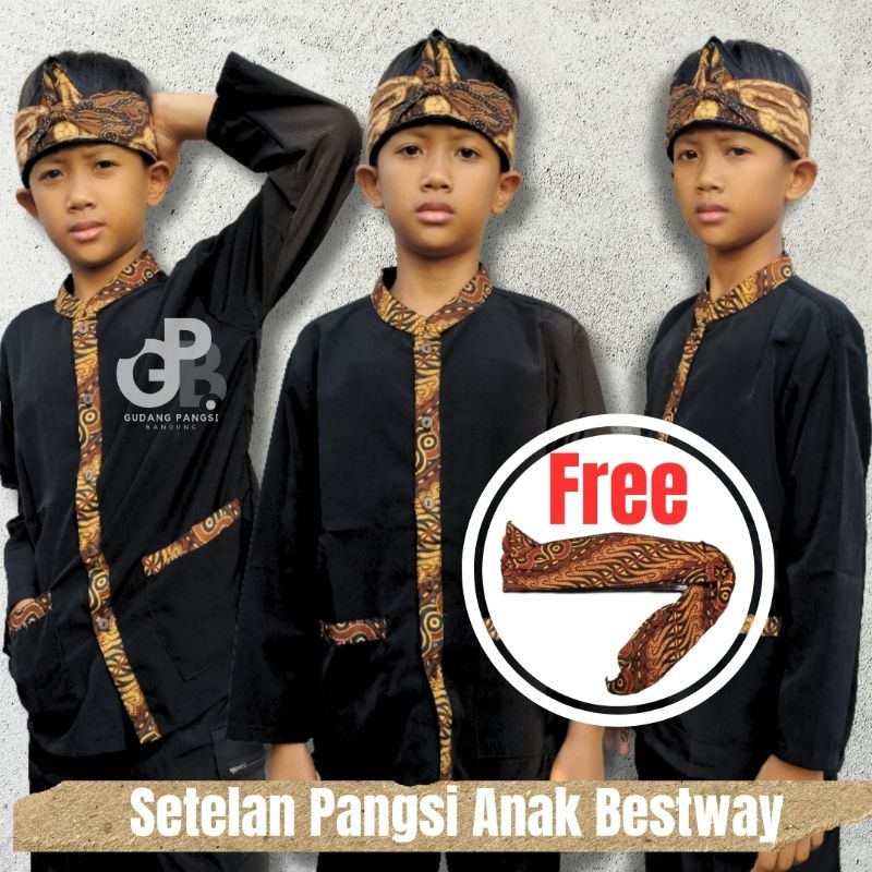 Setelan Pangsi Anak ( Gratis Iket Kepala ) Bahan Bestway Premium Baju Adat Sunda Motif Batik Coklat