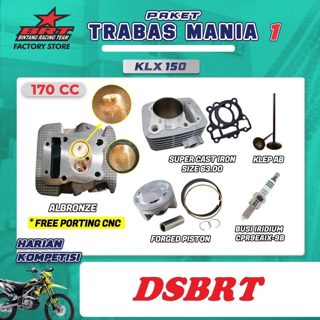 PAKET LENGKAP BRT KLX 150 TRABAS HARIAN BORE UP KLX 150 DTRACKER 150 HEAD BLOK NOKEN AS KARBU BRT