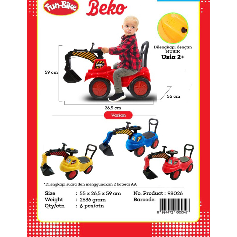 98026 MAINAN ANAK MOBIL MOBILAN BISA DI NAIKI DUDUKI TUNGGANGI RIDE ON MOBIL BEKO EXCAVATOR FUN BIKE
