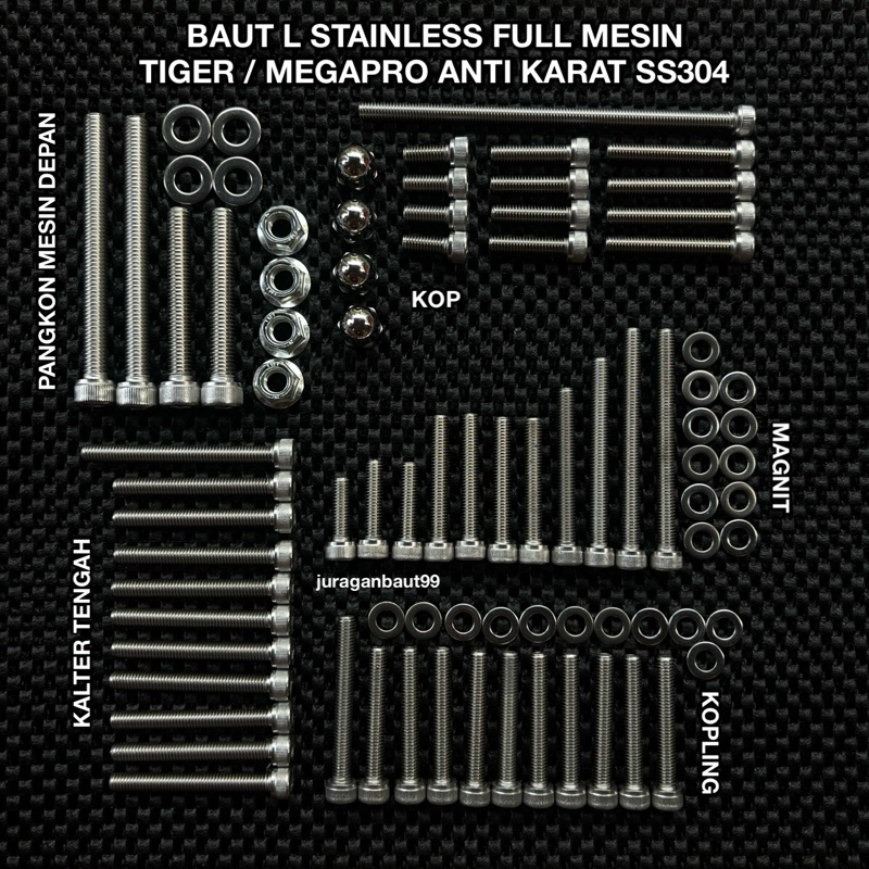 BAUT L FULL MESIN STAINLESS TIGER 2000 TIGER REVO MEGAPRO PRIMUS ANTI KARAT SS304 BAUT TIGER SET MES