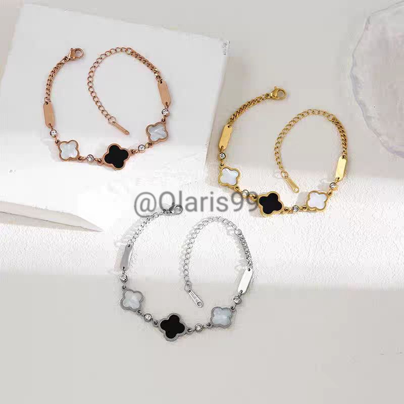 Gelang Wanita Titanium Bunga Hitam Kombinasi Plat/Putih Gelang Wanita Import Viral Terlaris Anti Kar