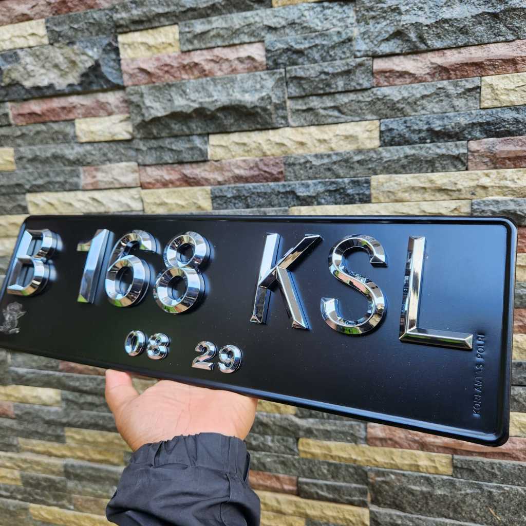RAC Plat nomor mobil hitam angka timbul chrome lancip segilima