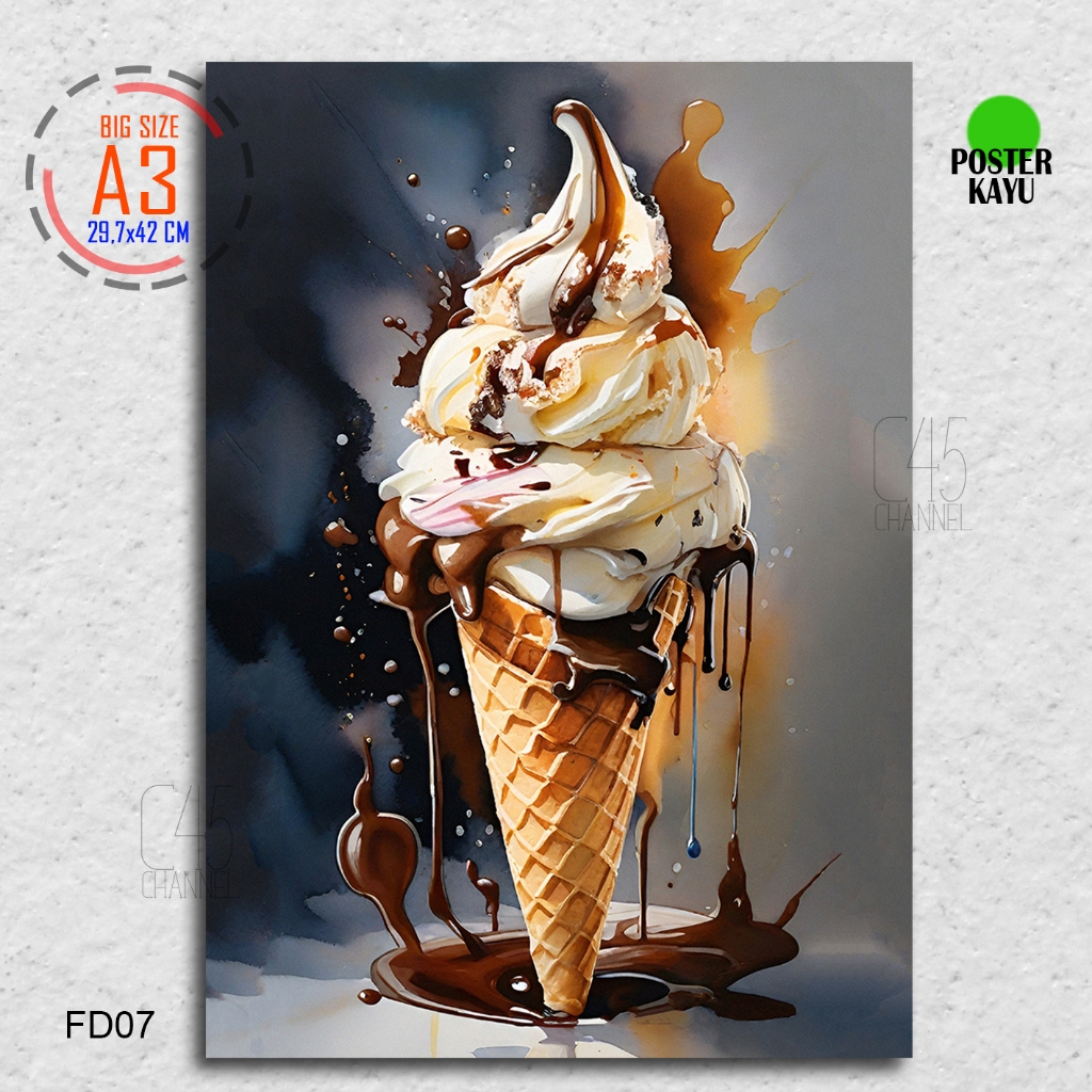 Pajangan Estetik ES KRIM Poster Kayu Ukuran Besar Hiasan Dinding Cafe Hotel Dekorasi Makanan Food