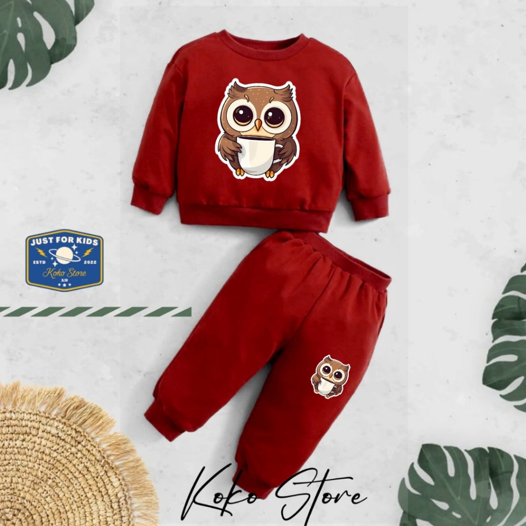 Setelan Baju  Anak  Gambar Owl Set Jogger Anak Laki Laki Perempuan Gambar Owl untuk anak 1-6 tahun