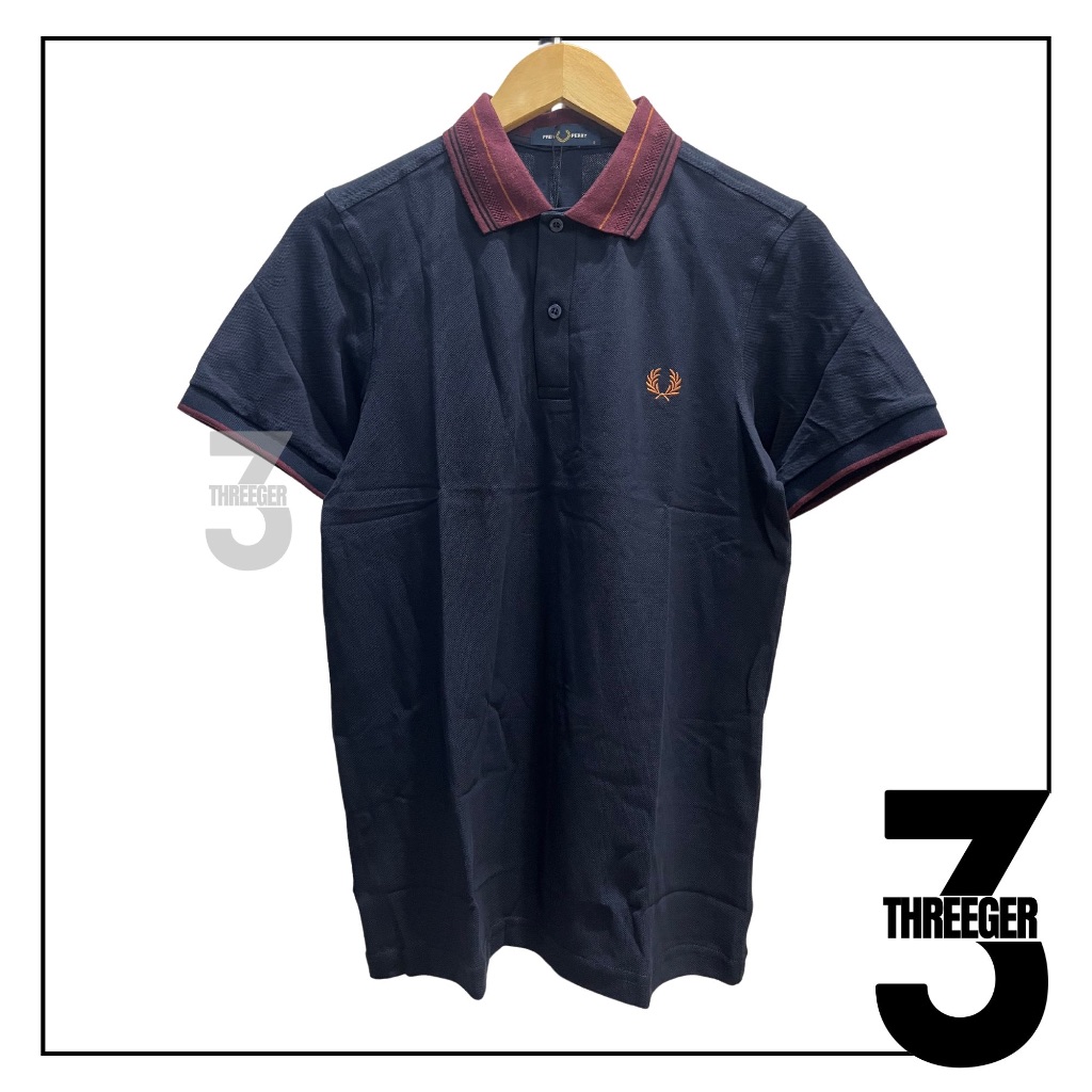 Fred Perry Maroon Striped Collar Polo Navy Original / Polo Fred Perry Original