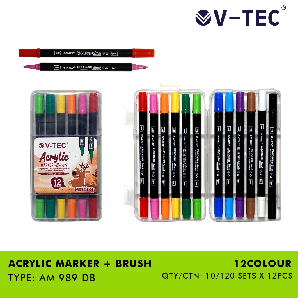 

V Tec Acrylic Marker + Brush pen 12/24/36 COLOR (AM 989 DB) - Spidol Sketsa Dual Tip Brush Tip and Fine Tip