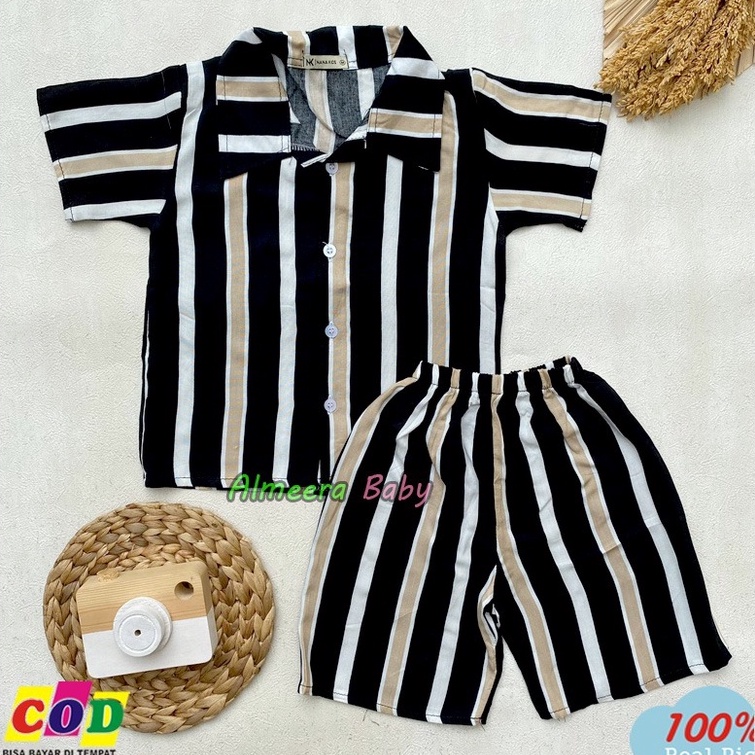 KODE W97D One Set Setelan Anak Rayon Lengan Pendek Motif Salur Usia 312 Bulan Almeera Baby and Kids