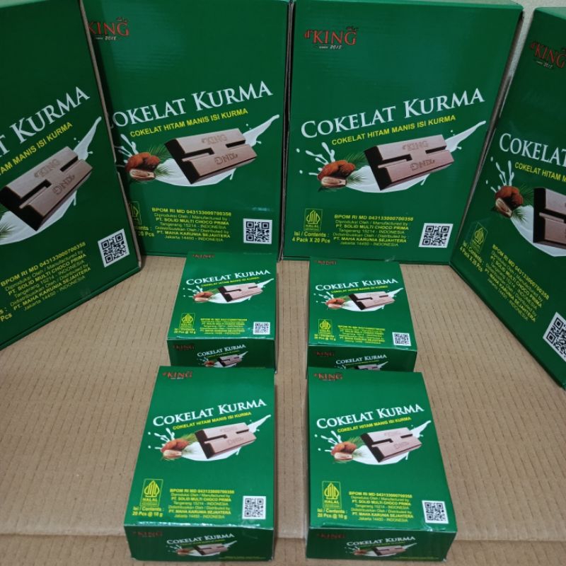 

Cokelat d'KING/Cokelat Kurma/Coklat Hitam Manis isi Kurma 1 dus isi 4 pack