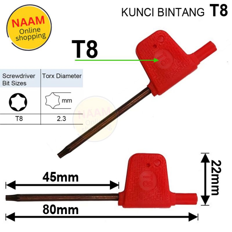 KUNCI TORX T8 - KUNCI BINTANG T8 - KUNCI BUKA BAUT INSERT