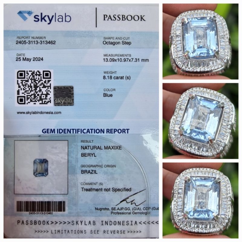 Natural Maxixe Blue Beryl Sertifikat 8.18 crt