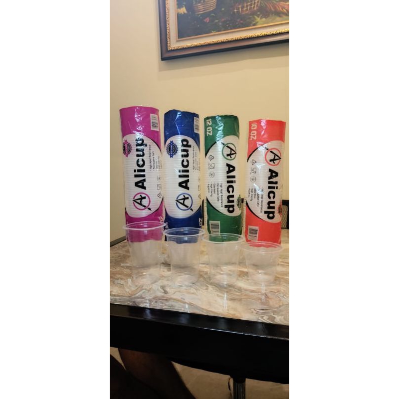 gelas 10 oz/12 oz/14 oz/16 oz berat 3.8 gr merk alicup isi 50pcs