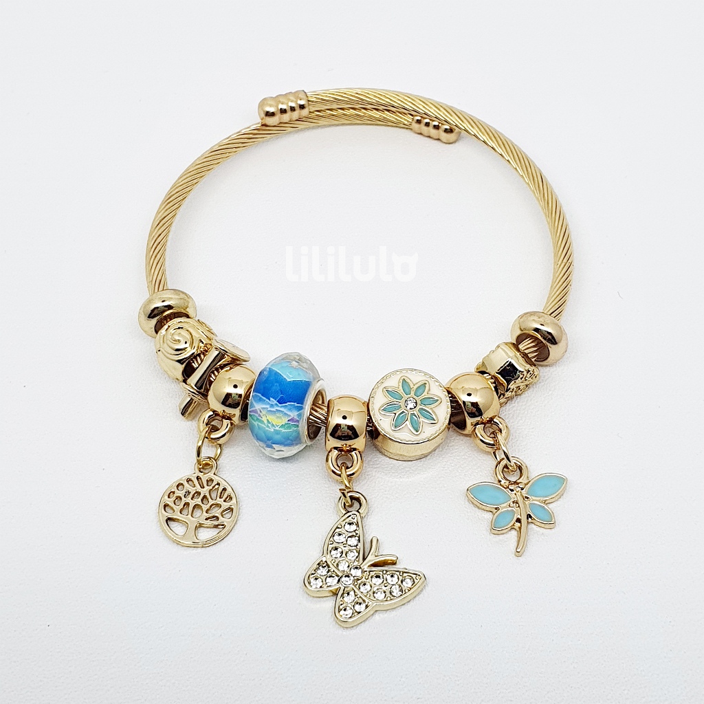 Gelang Bracelet Charms Gold Dragonfly Butterfly Aksesories Model Pandora