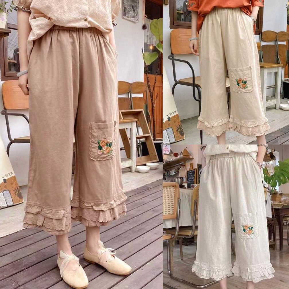 CELANA KULOT LINEN COKLAT KREM IVORY KANTONG BORDIR BUNGA & RENDA KOREA IMPORT