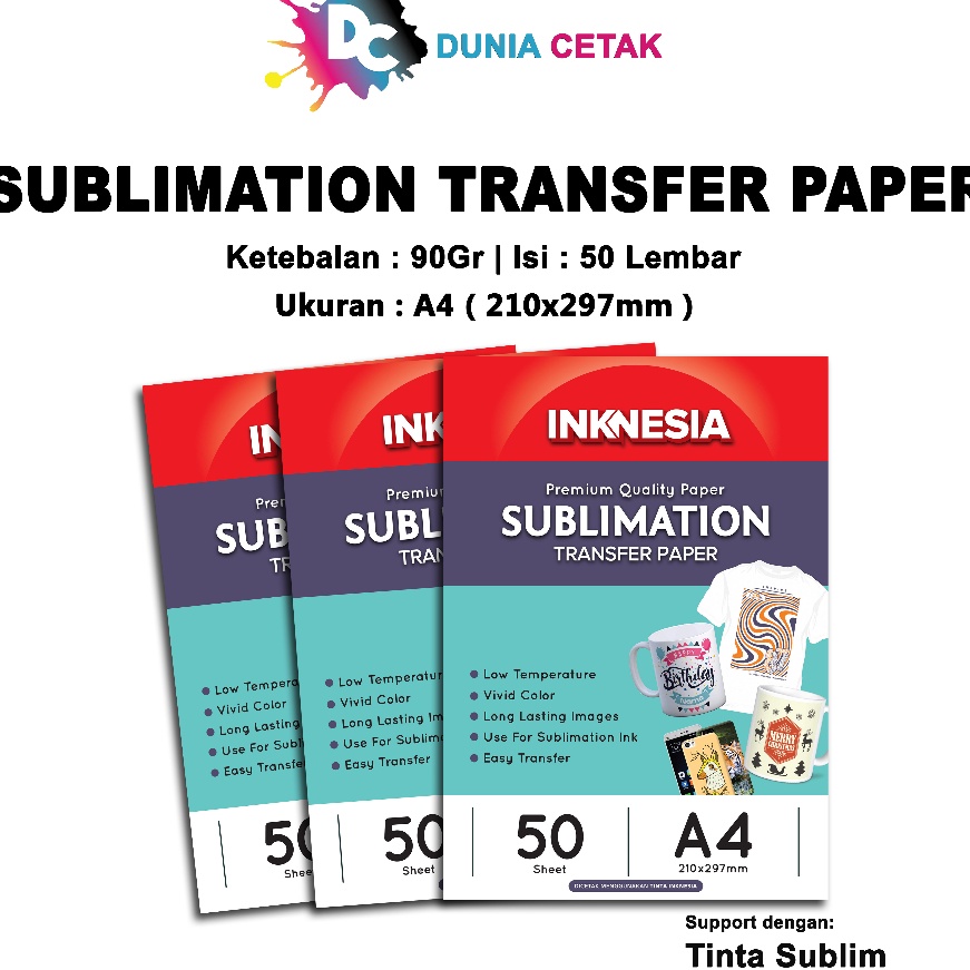 

Diskon Kertas Sublim Inknesia Sublimation Transfer Paper A4 isi 5 Lembar