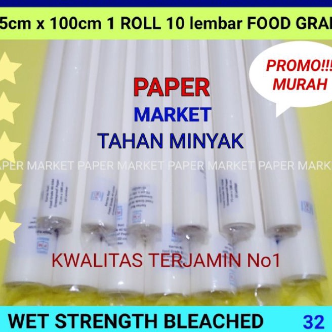 

Istimewa KERTAS ROTI PUTIH GREASEPROOF PAPER WHITE 32 GSM uk 75 x 1cm 1 roll 1 lembar