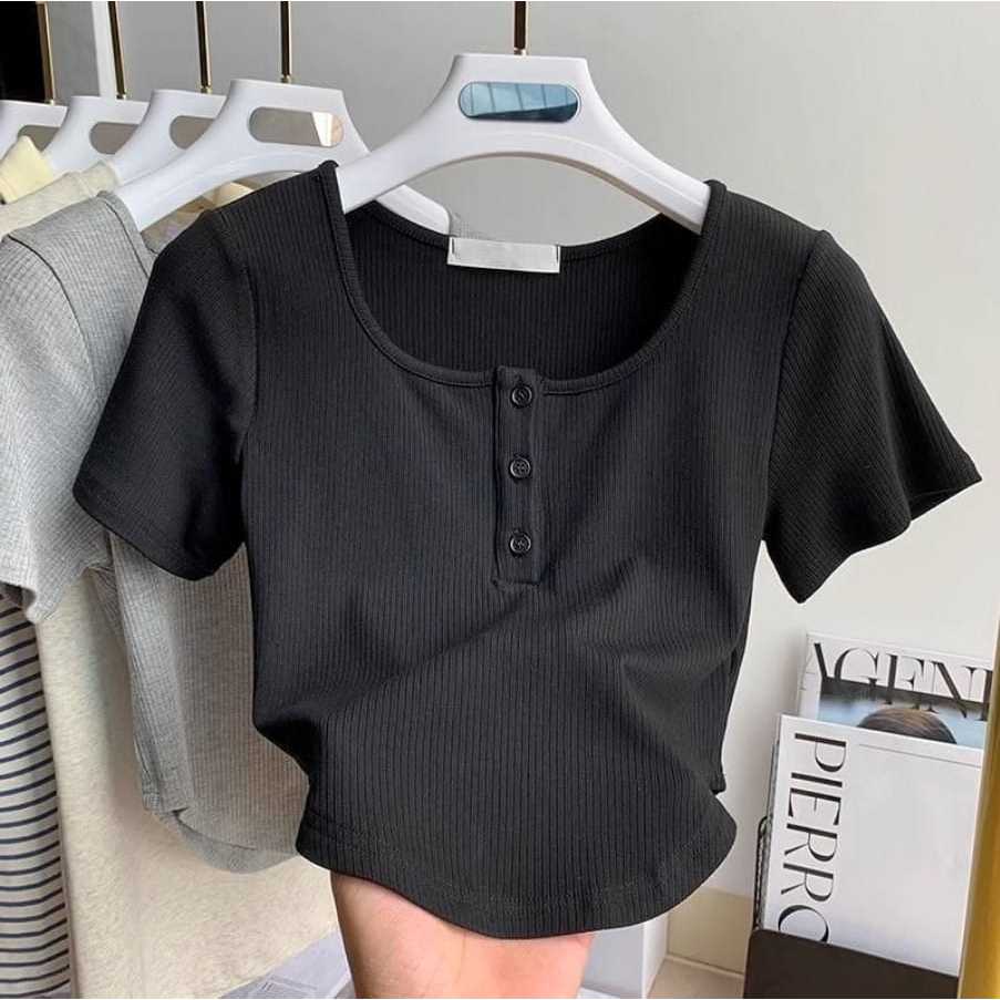 Wiggle Crop Top Blouse Korean Knit Button Baju Atasan Wanita Lengan Pendek