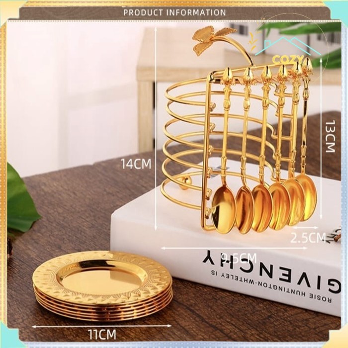 Piring SET Dessert GOLD + Sendok Piring Kue Piring Pajangan Plate Spoon Sendok Emas