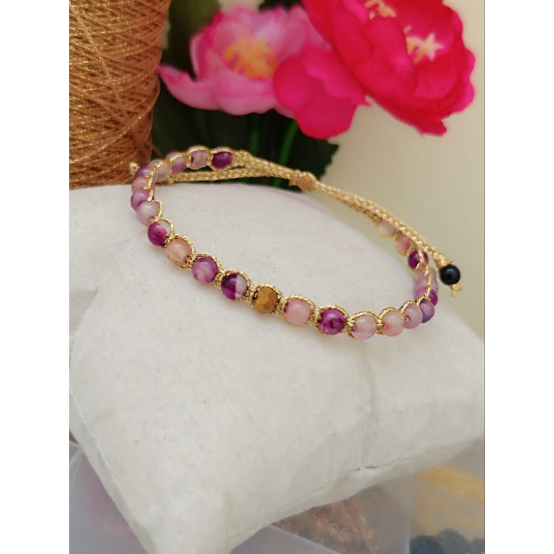 gelang tangan KECUBUNG UNGU AGATE BATU ALAM ASLI | Oleh oleh khas bali tali serut model macrame DIY 