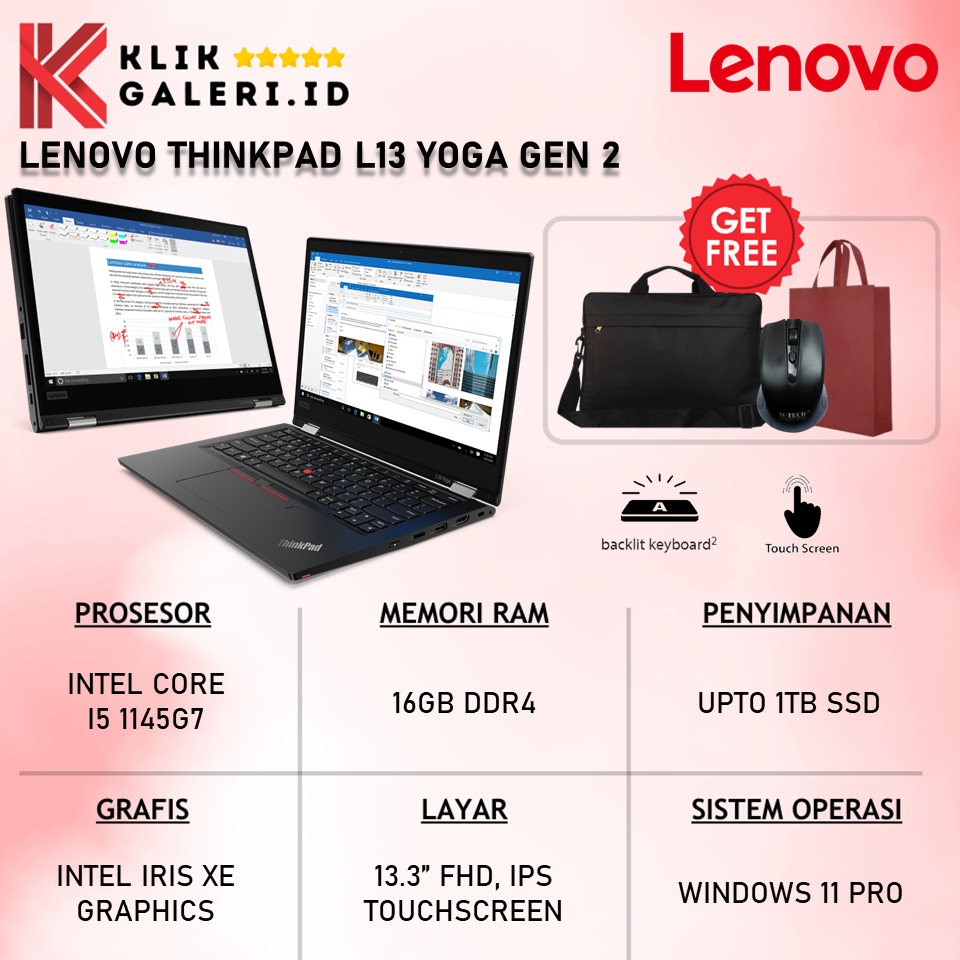 Laptop Kerja Lenovo Thinkpad L13 Yoga Gen 2 Intel Core i5 RAM 16GB 1TB SSD Layar 13.3 Inch Touchscre