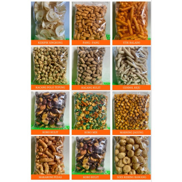 

Best Seller!! Snack Kiloan (250G) Makaroni Pedas, Kacang Kulit, Stik Balado, Marning Jagung, Keripik Singkong, Soes Bawang Kering, Kacang Polo Tepung, Cendol Keju, Pang-Pang, Kacang Dele Goreng, Koro Kulit, Kacang Campur Mix (Asin, Pedas, Manis)