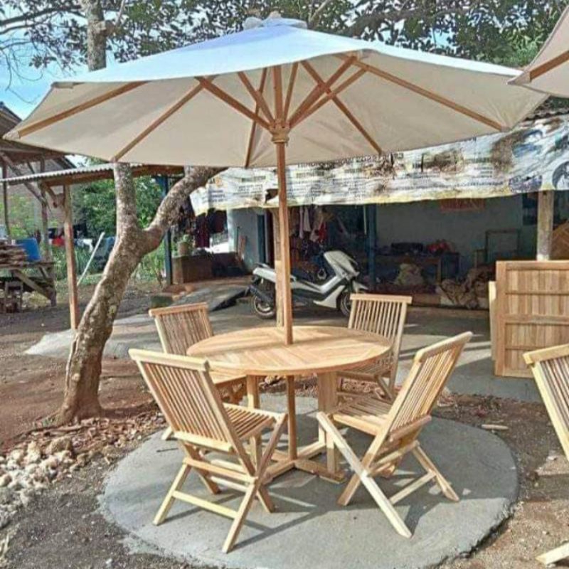 Set Meja Payung Taman Cafe Outdoor Tenda Payung Cafe Kayu Jati 4 Kursi Kayu Jati
