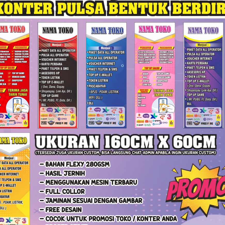 KP8 BANNER KONTER PULSA BENTUK BERDIRI UKURAN 6CM X 16CM