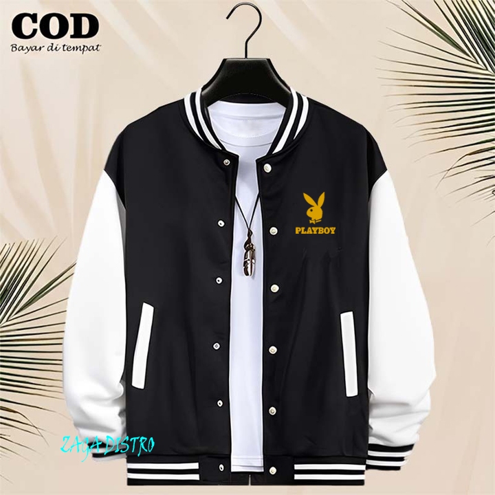 BISA COD Jaket Bomber Varsity Baseball Kancing Playboy Text Gold Jaket Varsity Pria / Baseball Distr