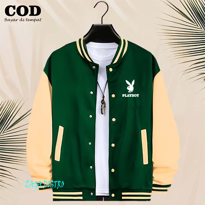 BISA COD Jaket Bomber Varsity Baseball Kancing Playboy Text Putih Jaket Varsity Pria / Baseball Dist