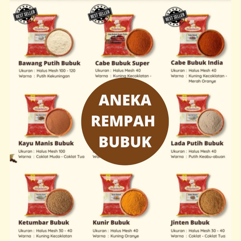 

Yutakachi - Cabe, ketumbar, merica, jahe, kayu manis, paprika, bawang putih, jinten, kunyit, kunir, lada hitam, lada putih, pala bubuk 100 gr