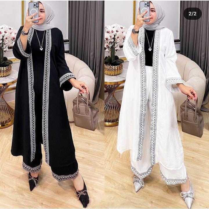 Oneset Outer Crinkle Airflow Aplikasi Bordir-Zara Setelan Long Tunik-One Set Remaja Kekinian-Stelan 