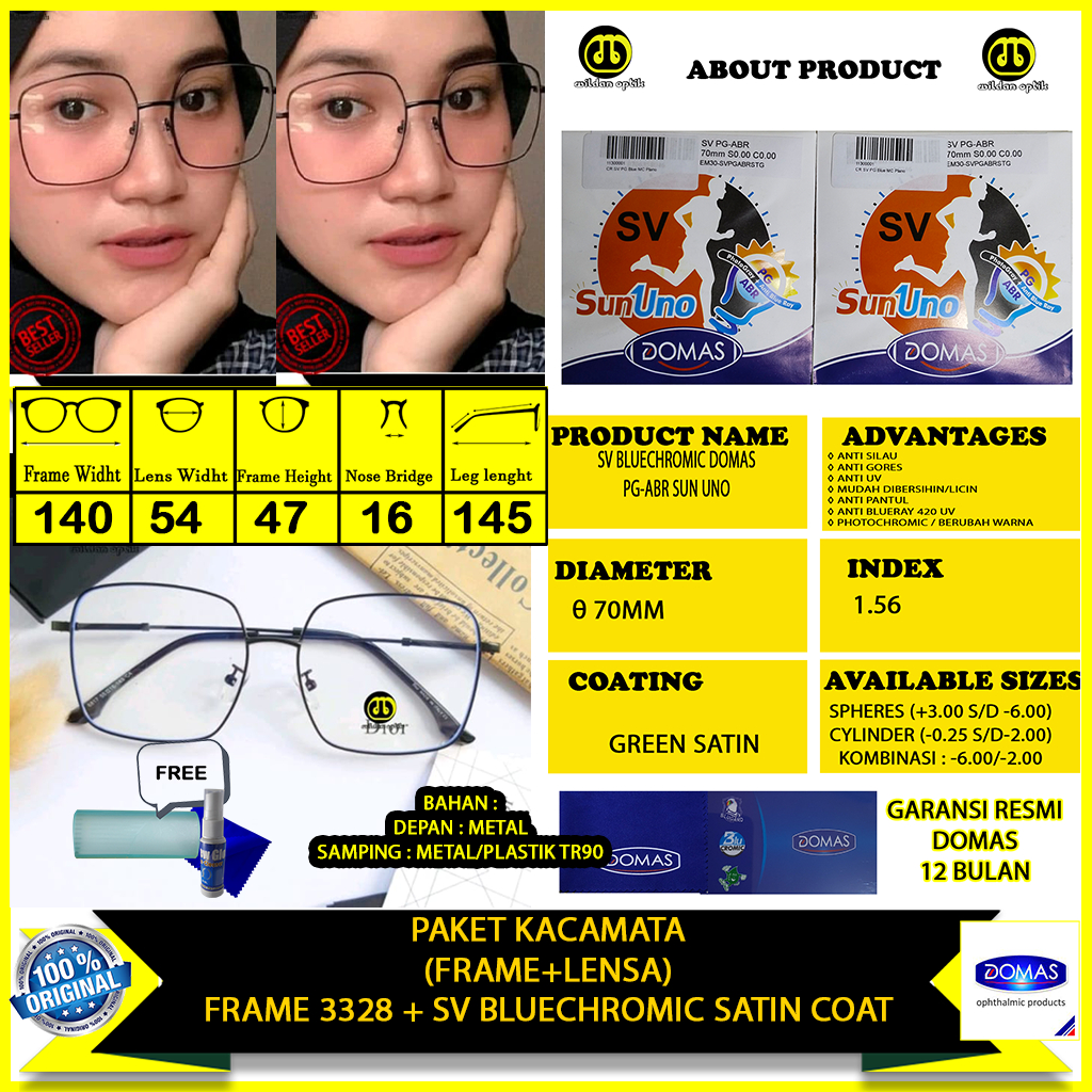 PAKET KACAMATA CEWEK KOTAK 3328 BLUECHROMIC SUN UNO DOMAS