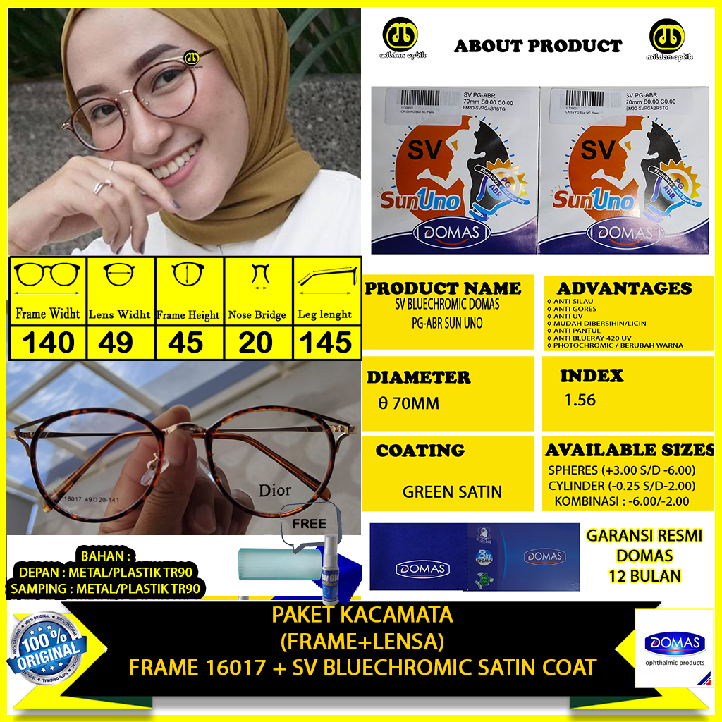 PAKET KACAMATA (FRAME+LENSA) 16017 BLUECHROMIC SUN UNO DOMAS