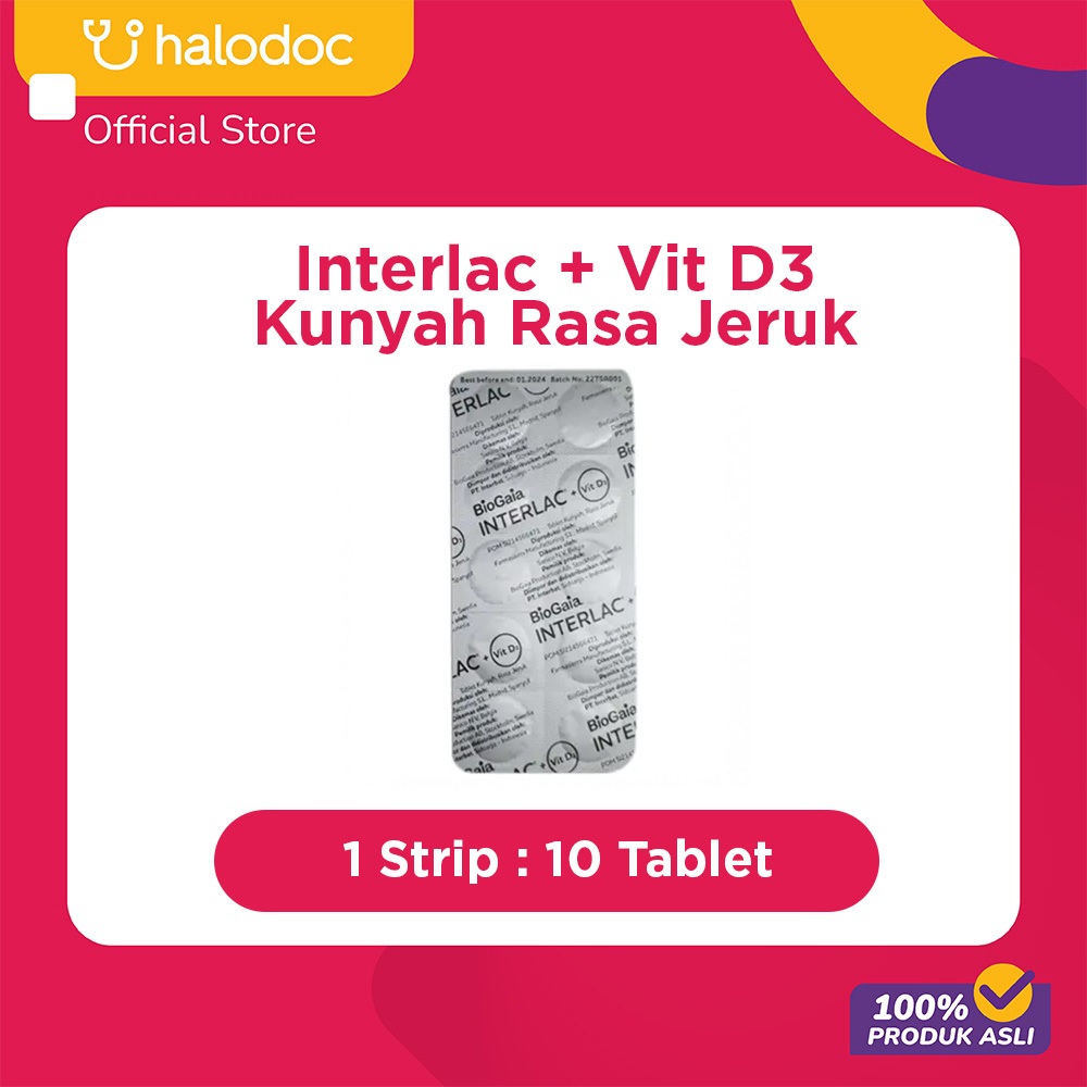Interlac + Vit D3 Kunyah Rasa Jeruk 10 Tablet