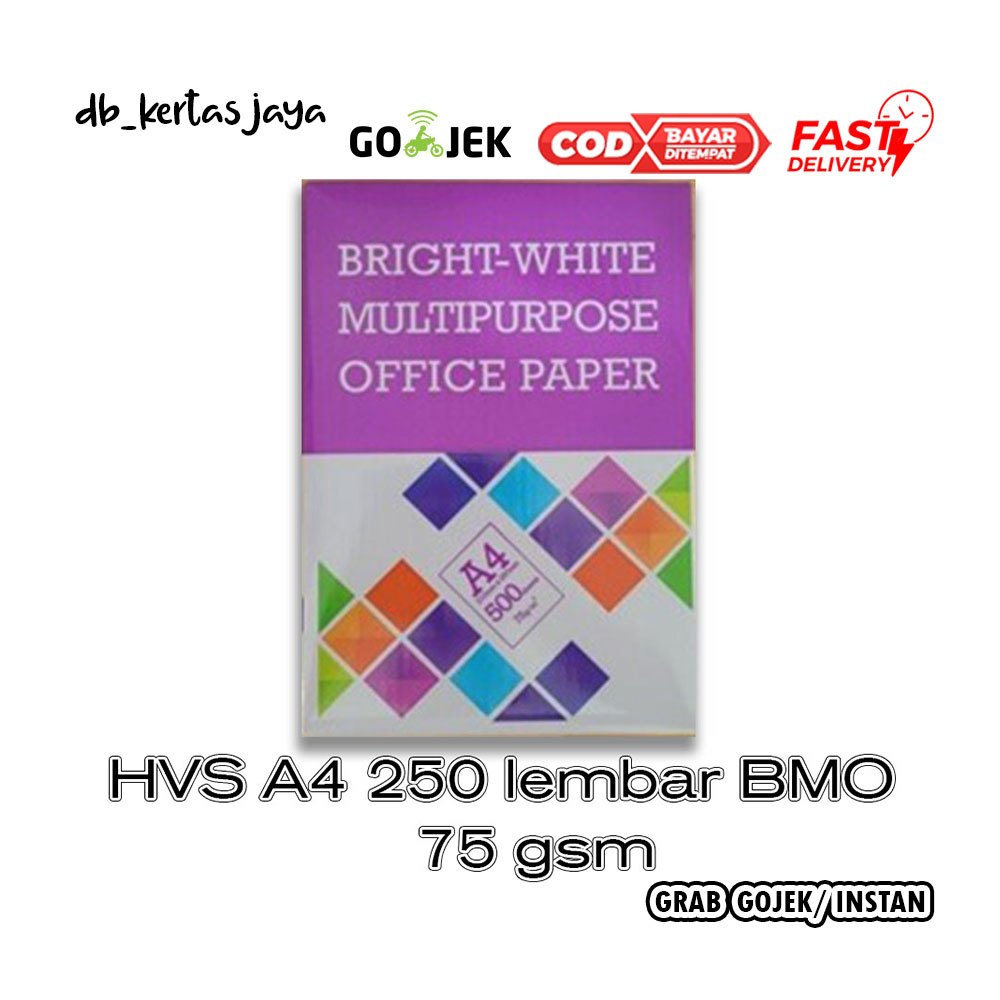 

Kertas A4 75 gr 1/2 Rim, 250 lembar BMO (Bright-White Multipurpose Office Paper)