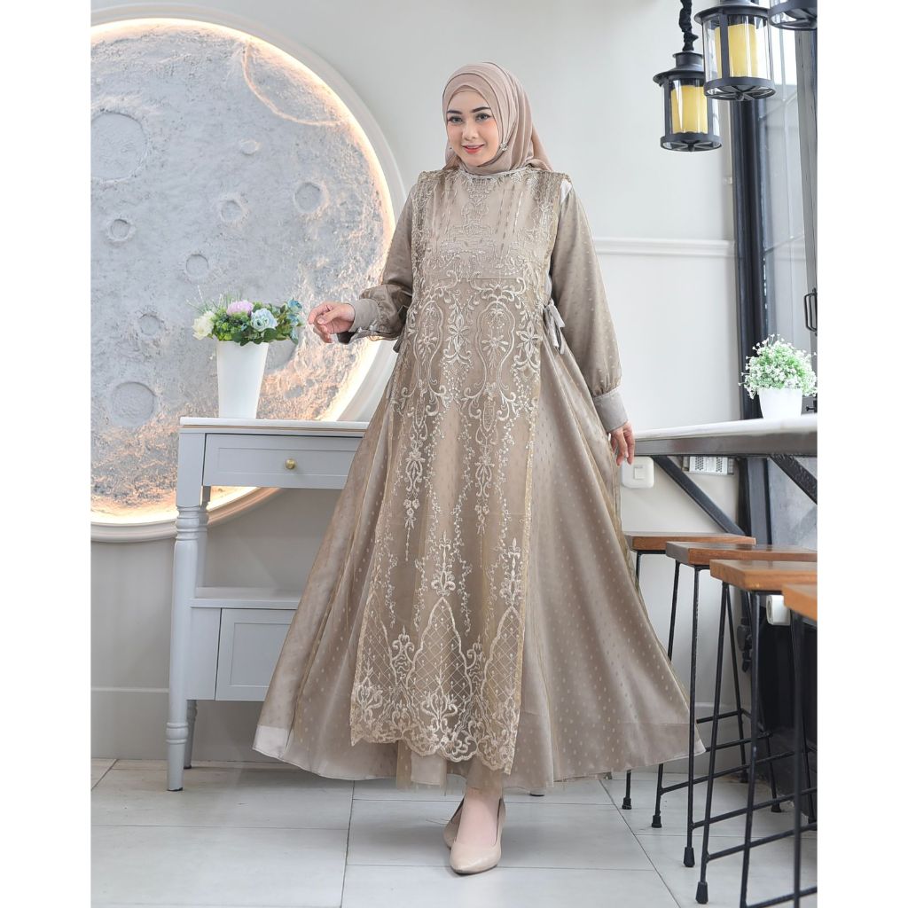 Gamis Pesta Kondangan Tile Brukat Etnik Dress Wanita Remaja Muslimah JUMBO LD 120 130 140 cm