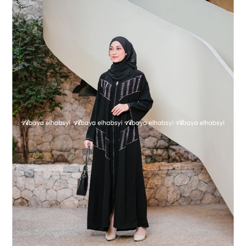 Abaya elhabsyi Dubai 1039 Gamis Arab Hitam Bahan Jet Black Saudi Kwalitas Boutiq Elegant